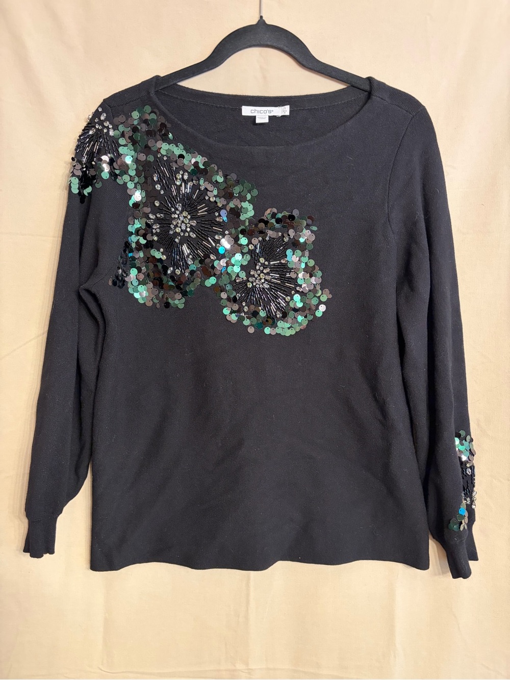 Chico's Black Sequin Embellished Art to Wear Long Sleeved Sweater